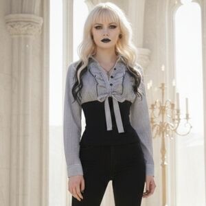 Hot Topic Black and White Tie-Front Button Down Top